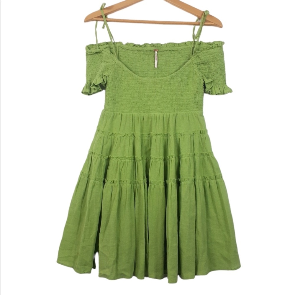Free People Smocked Chest Off Shoulder Smocked Sleeves Green Mini Dress Small - Picture 2 of 6